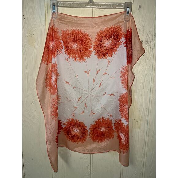 Vintage Silk Scarf Floral Hand Rolled Hem Square Peach Orange Romantic Coquette - Picture 3 of 3